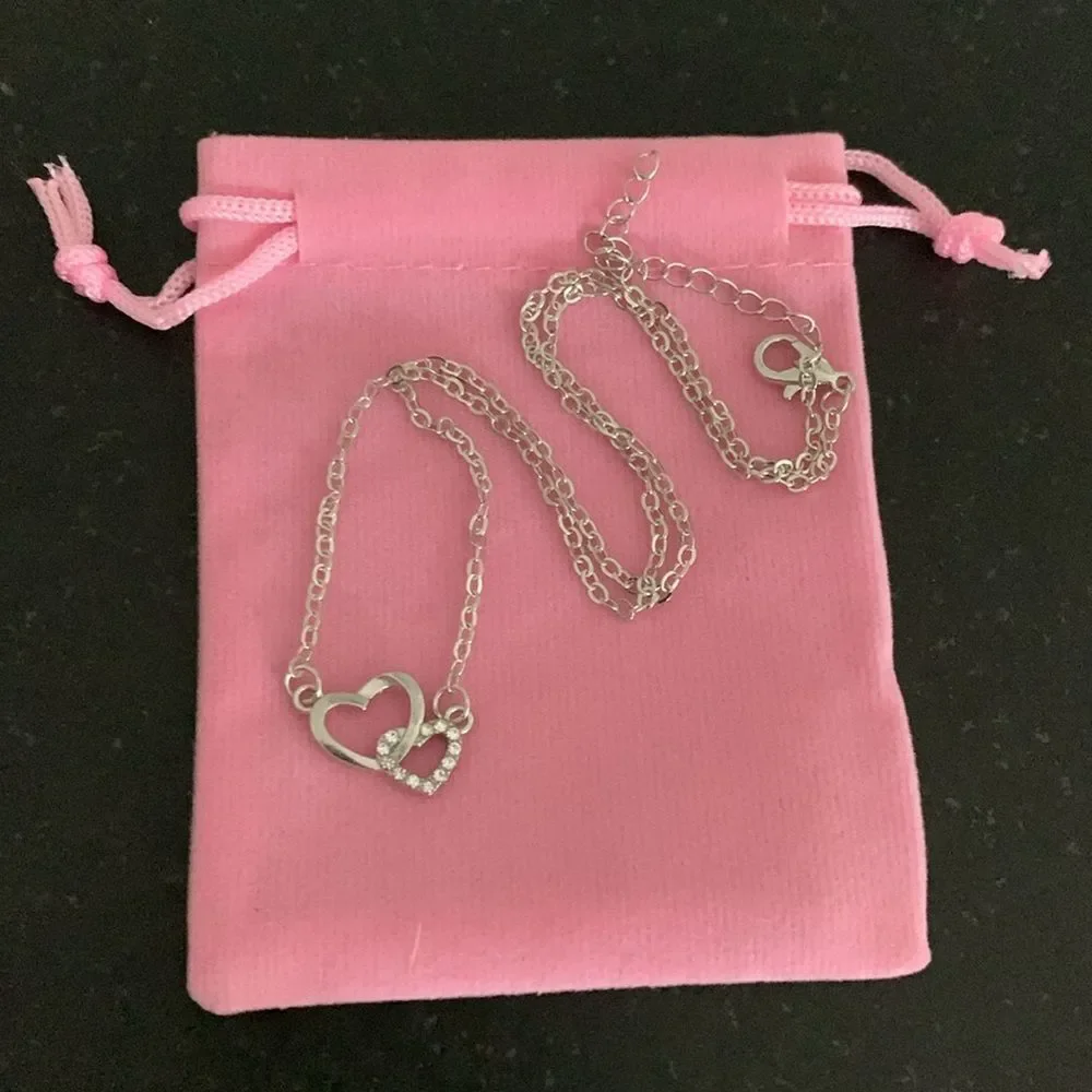 Interlocking Double Hearts Silver Tone Necklace with Rhinestones